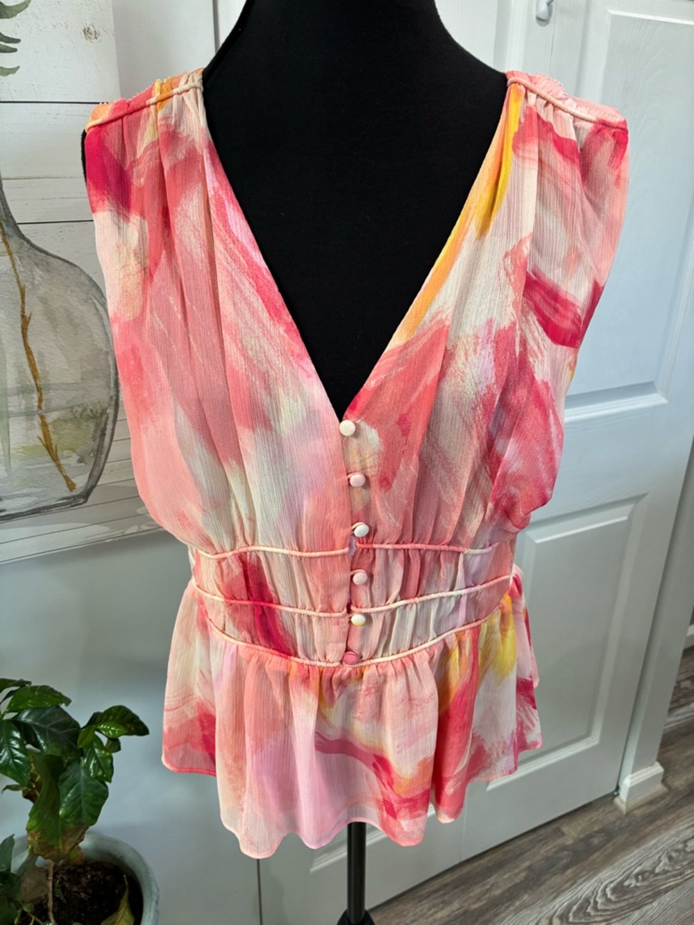 White House Black Market Pink & Yellow Watercolor V-Neck Peplum Blouse - Picture 2 of 6